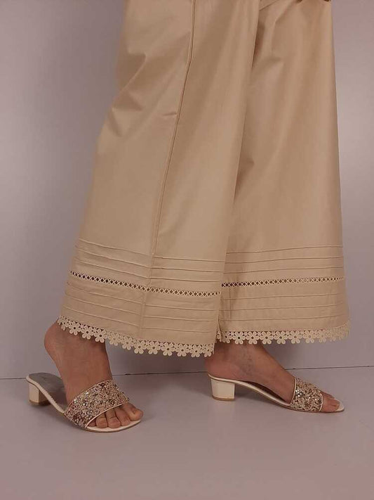 Laces Embellished Cotton Palazzo - Beige - PT22
