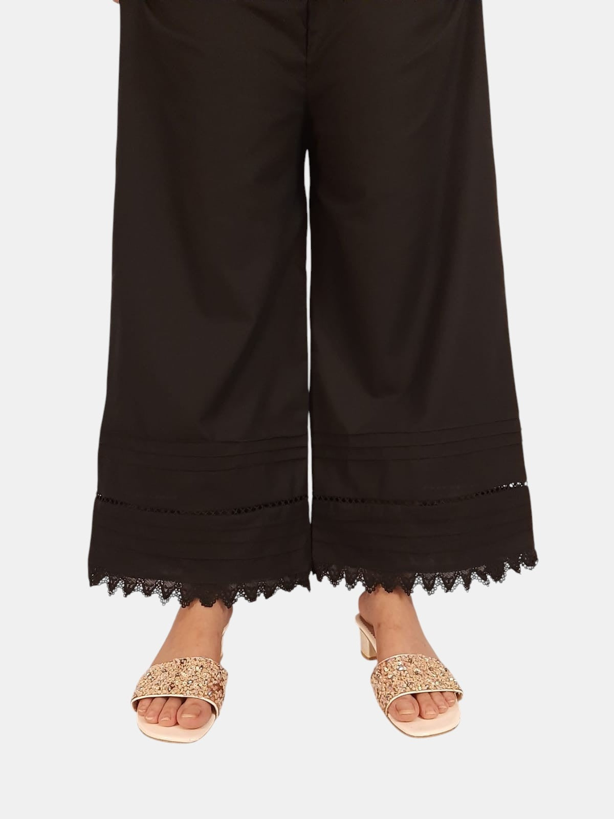 Laces Embellished Cotton Palazzo - Black - PT26