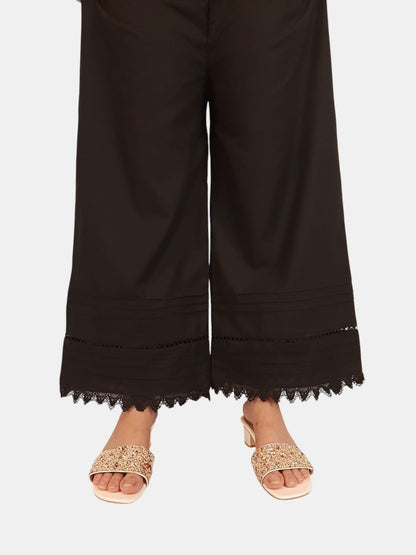Laces Embellished Cotton Palazzo - Black - PT26