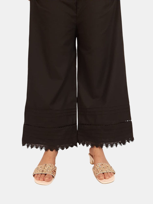 Laces Embellished Cotton Palazzo - Black - PT26