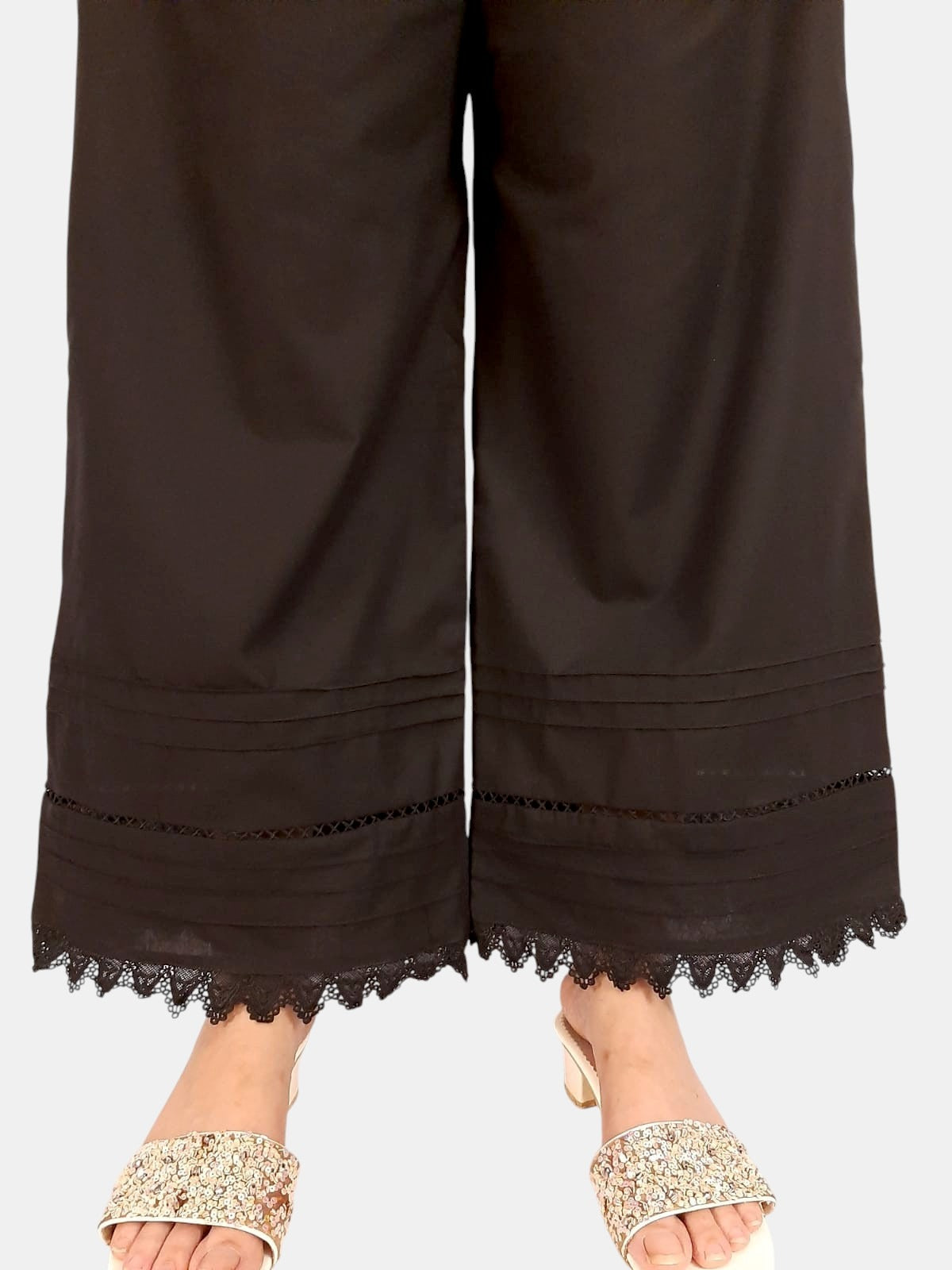Laces Embellished Cotton Palazzo - Black - PT26