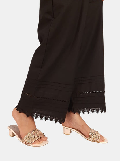 Laces Embellished Cotton Palazzo - Black - PT26