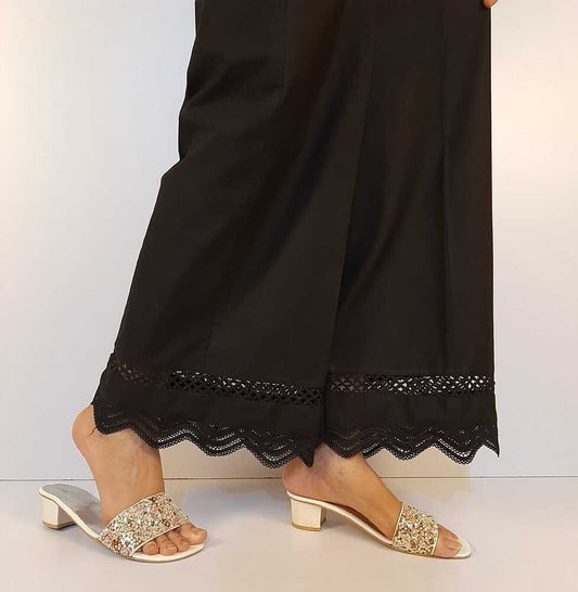 Laces Embellished Cotton Palazzo - Black - ZT201