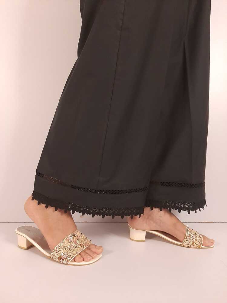 Laces Embellished Cotton Palazzo - Black - ZT303