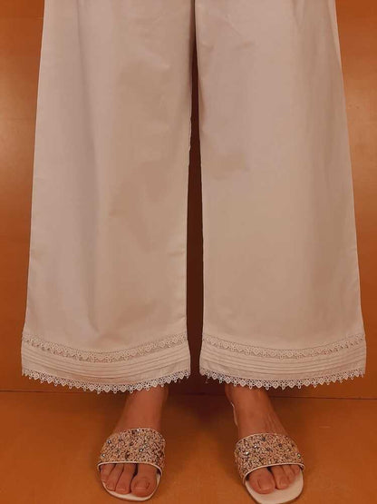 Laces Embellished Cotton Palazzo - White - PT16