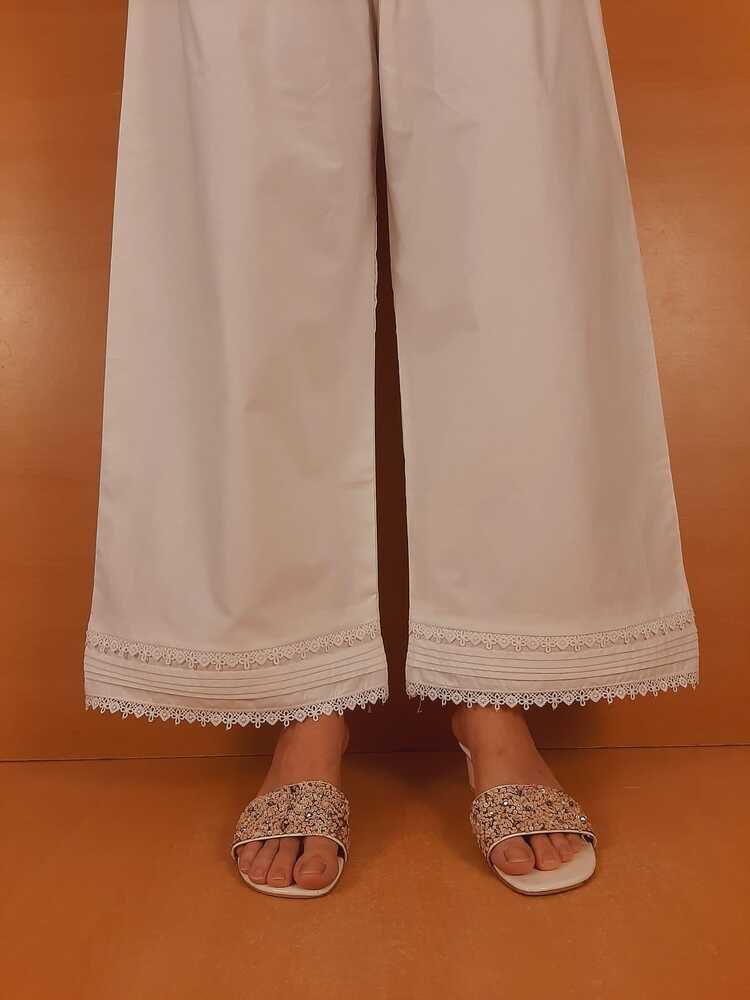 Laces Embellished Cotton Palazzo - White - PT16