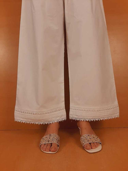 Laces Embellished Cotton Palazzo - White - PT16