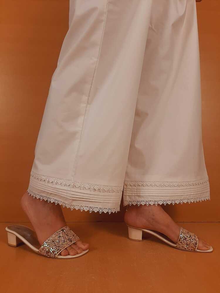 Laces Embellished Cotton Palazzo - White - PT16