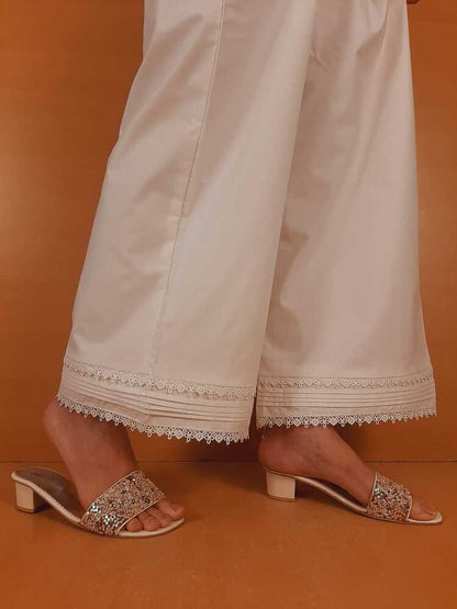 Laces Embellished Cotton Palazzo - White - PT16