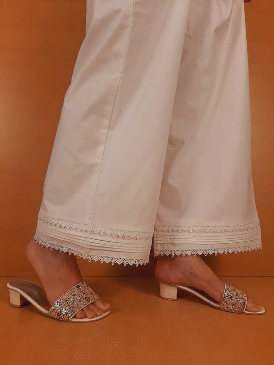 Laces Embellished Cotton Palazzo - White - PT16