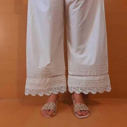 Laces Embellished Cotton Palazzo - White - PT20
