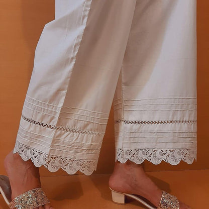 Laces Embellished Cotton Palazzo - White - PT20