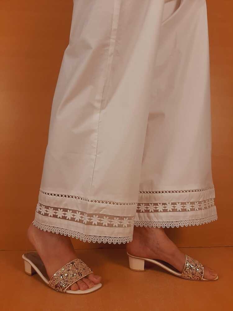 Laces Embellished Cotton Palazzo - White - PT21