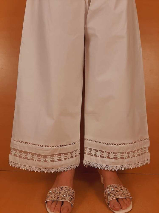 Laces Embellished Cotton Palazzo - White - PT21