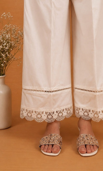 Laces embellished Cotton Palazzo - White - PT01