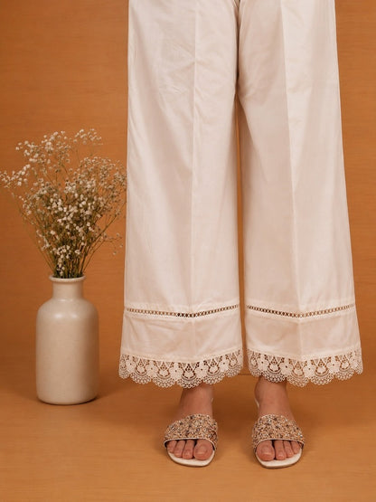 Laces embellished Cotton Palazzo - White - PT01