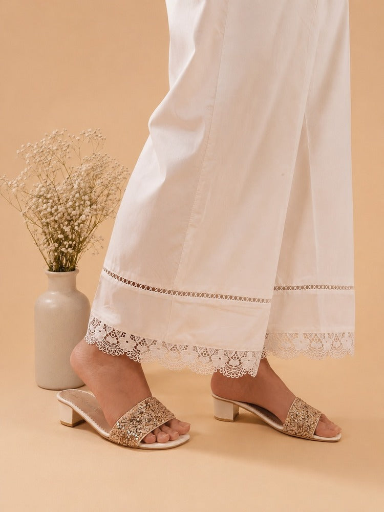 Laces embellished Cotton Palazzo - White - PT01