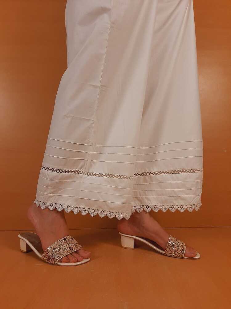 Laces Embellished Cotton Palazzo - White - PT23