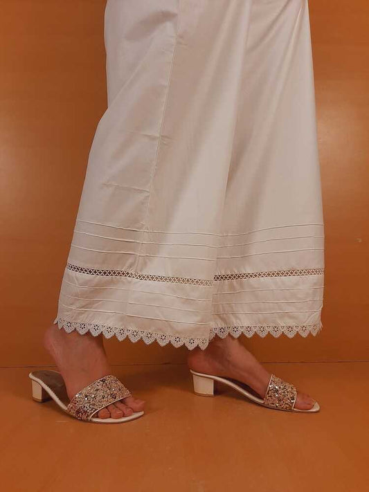 Laces Embellished Cotton Palazzo - White - PT23
