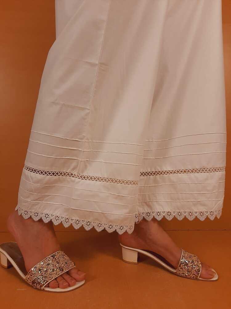 Laces Embellished Cotton Palazzo - White - PT23