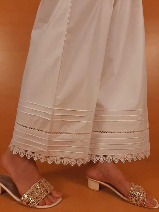 Laces Embellished Cotton Palazzo - White - PT23