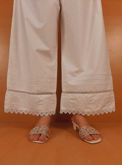 Laces Embellished Cotton Palazzo - White - PT23