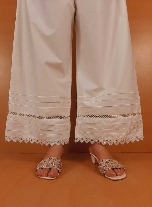 Laces Embellished Cotton Palazzo - White - PT23