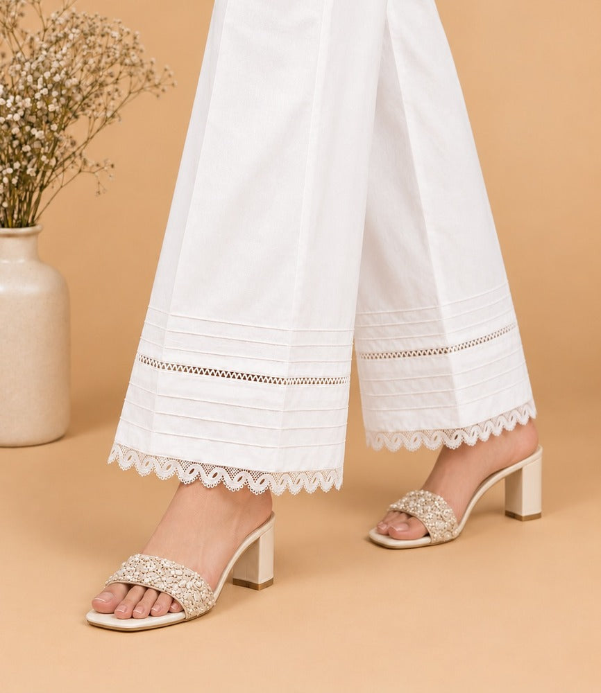 Laces Embellished Cotton Palazzo - White - PT24