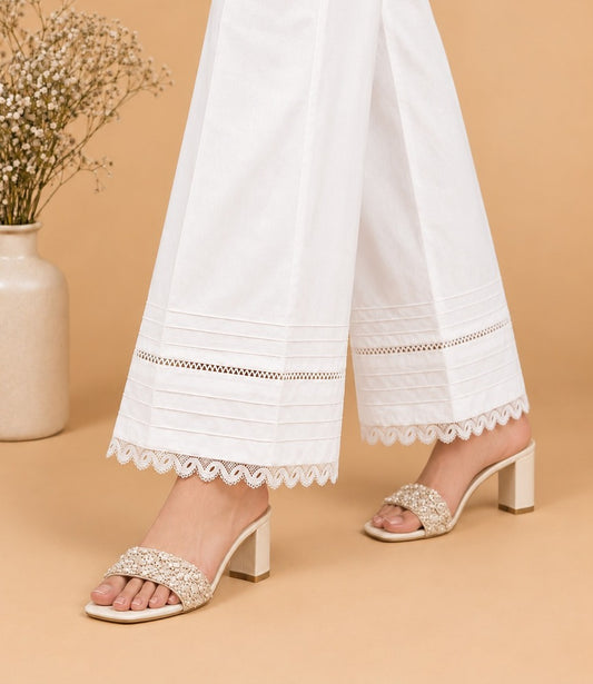 Laces Embellished Cotton Palazzo - White - PT24