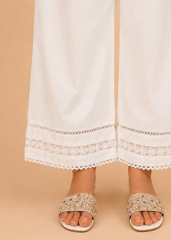 Laces Embellished Cotton Palazzo - White - PT25