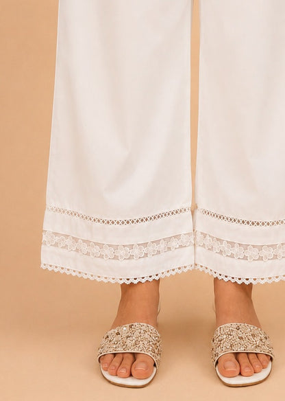 Laces Embellished Cotton Palazzo - White - PT25