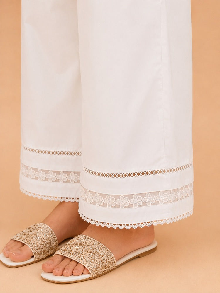 Laces Embellished Cotton Palazzo - White - PT25