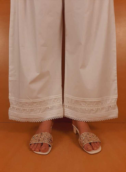 Laces Embellished Cotton Palazzo - White - PT26