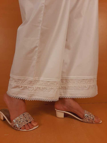 Laces Embellished Cotton Palazzo - White - PT26