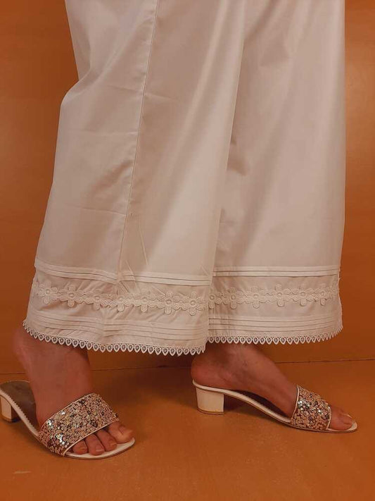Laces Embellished Cotton Palazzo - White - PT26