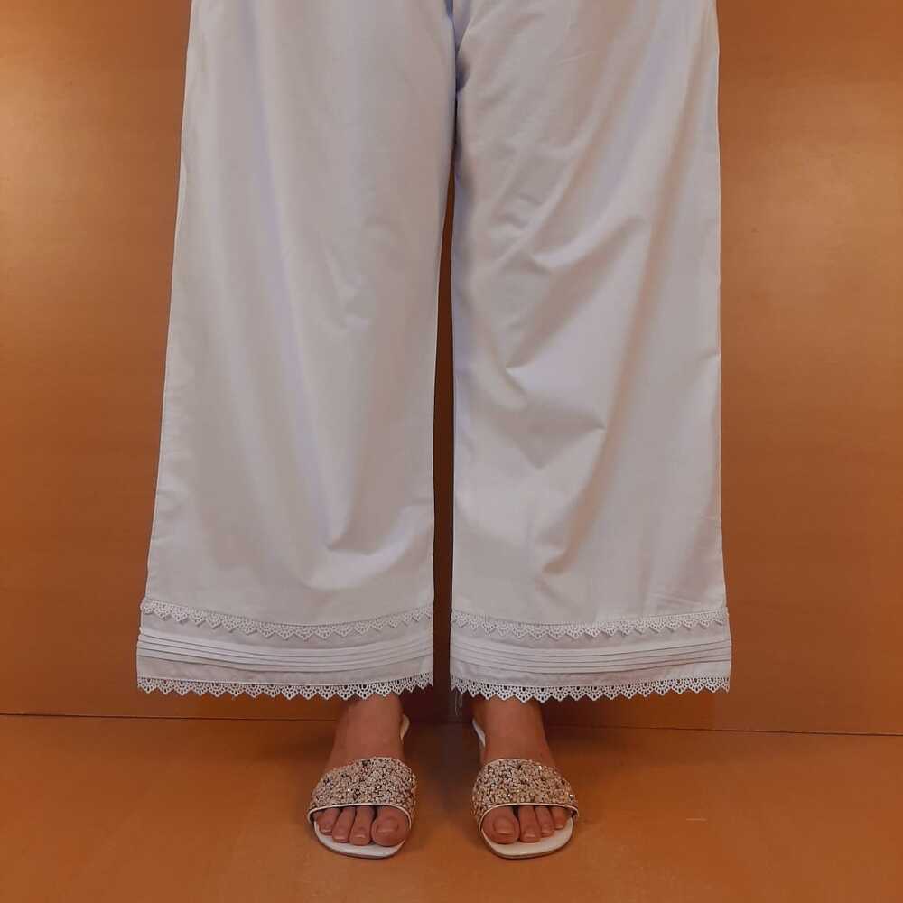 Laces Embellished Cotton Palazzo - White - PT27