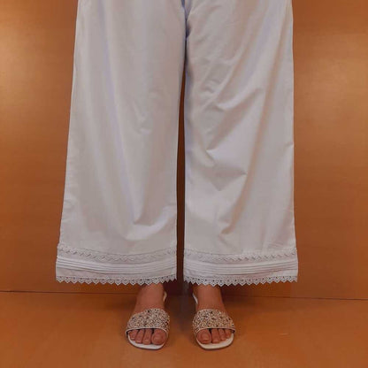 Laces Embellished Cotton Palazzo - White - PT27