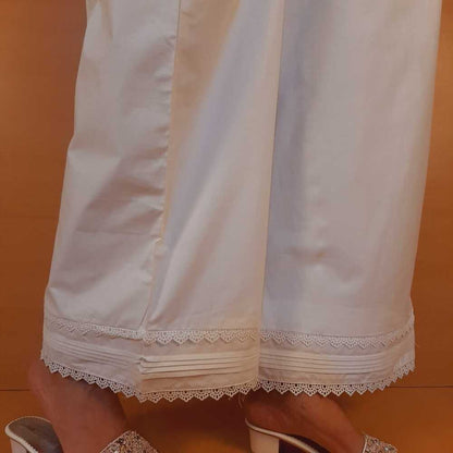 Laces Embellished Cotton Palazzo - White - PT27