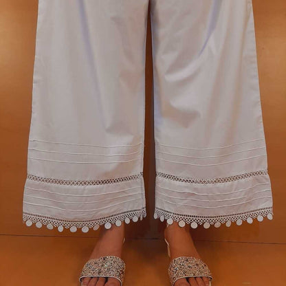 Laces Embellished Cotton Palazzo - White - PT28