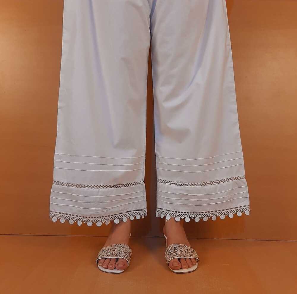 Laces Embellished Cotton Palazzo - White - PT28
