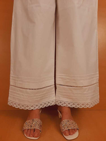 Laces Embellished Cotton Palazzo - White - PT28