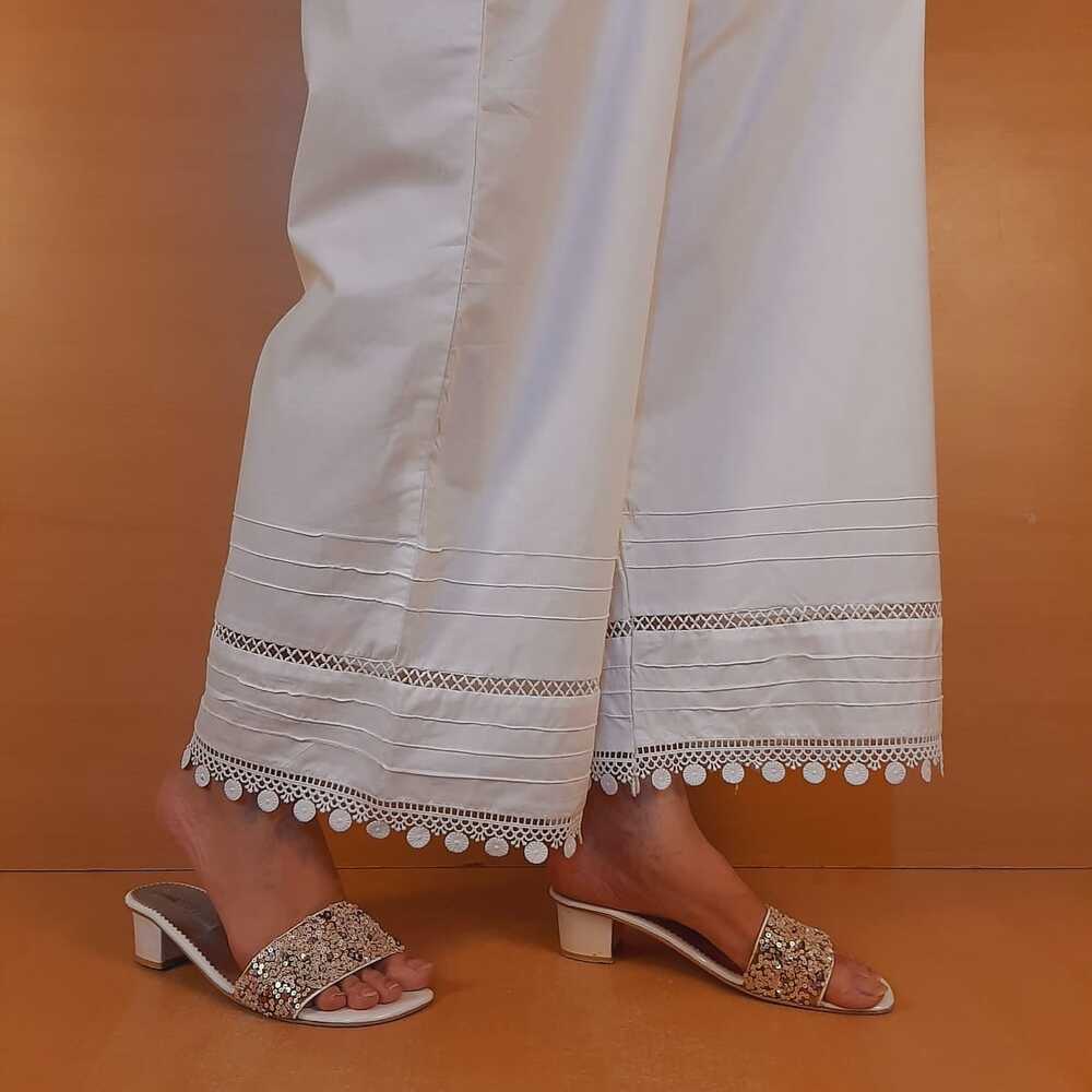 Laces Embellished Cotton Palazzo - White - PT28