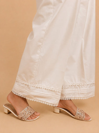 Laces Embellished Cotton Palazzo - White - PT29