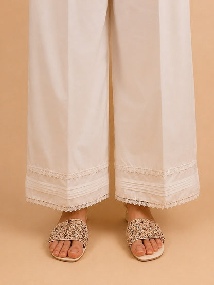 Laces Embellished Cotton Palazzo - White - PT29