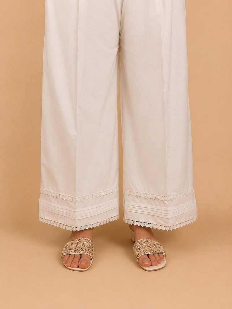 Laces Embellished Cotton Palazzo - White - PT29