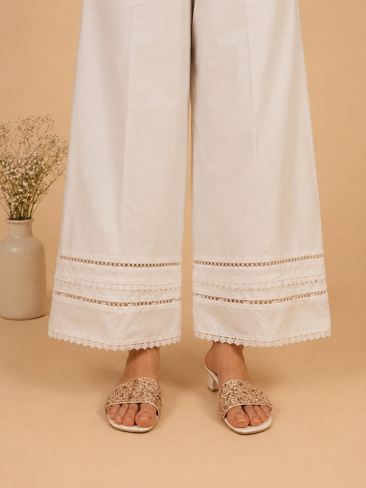 Laces Embellished Cotton Palazzo - White - PT33