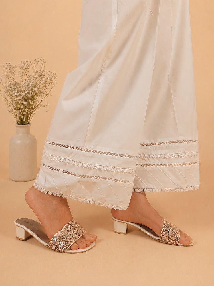 Laces Embellished Cotton Palazzo - White - PT33