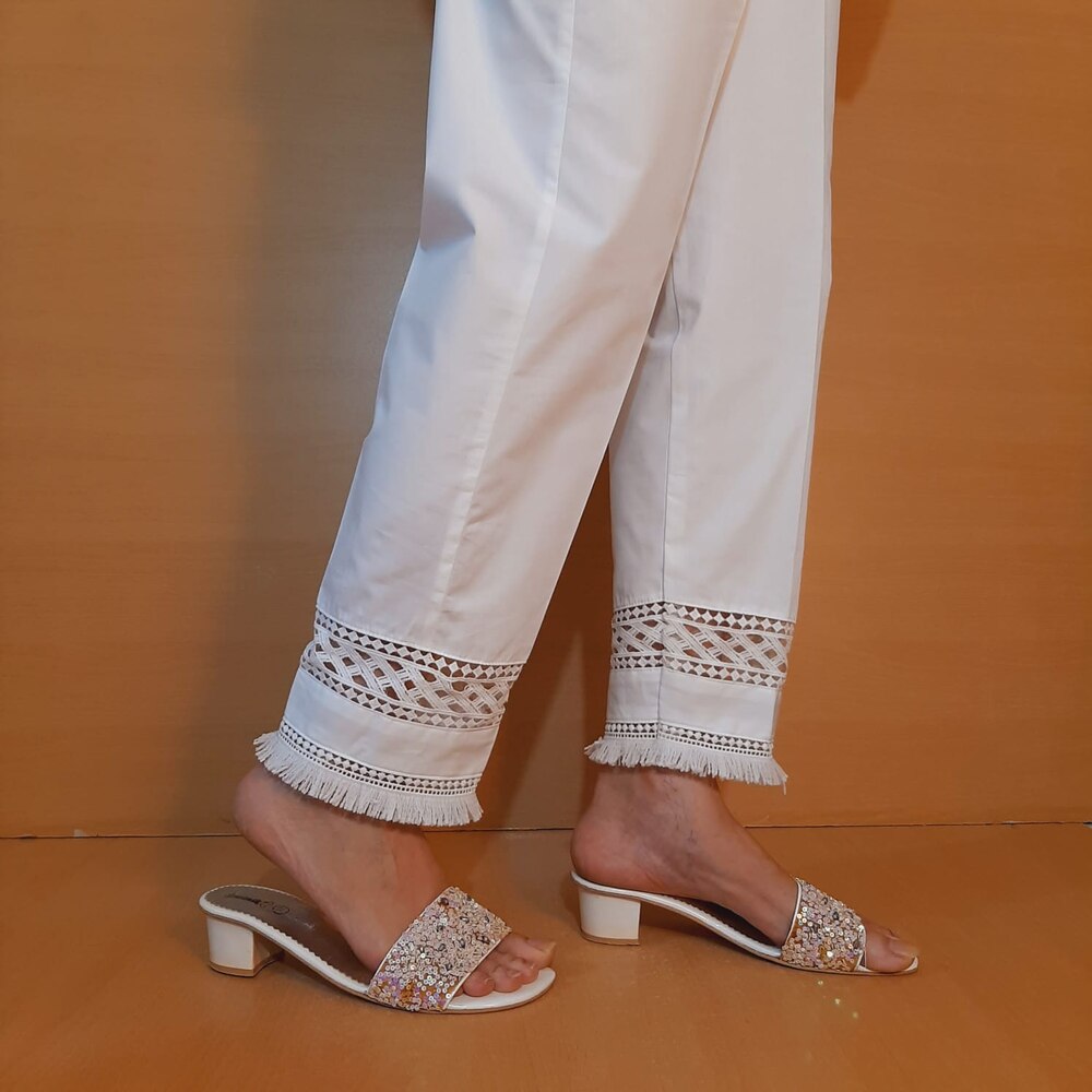 Lace Embellished Trouser Cotton - White - ZT226