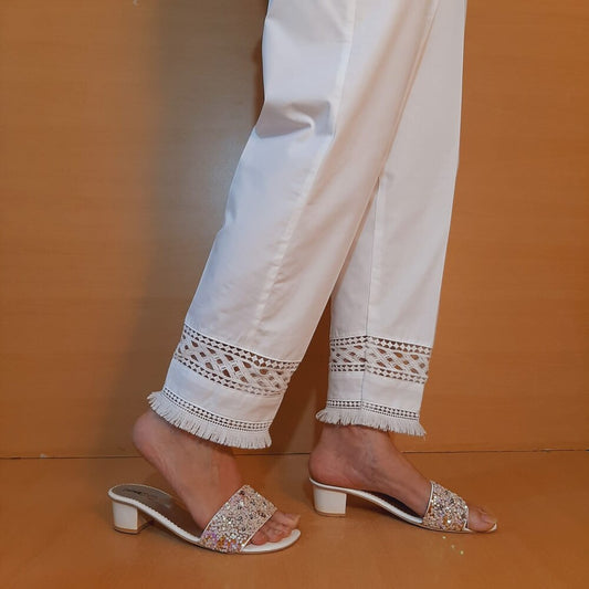 Lace Embellished Trouser Cotton - White - ZT226