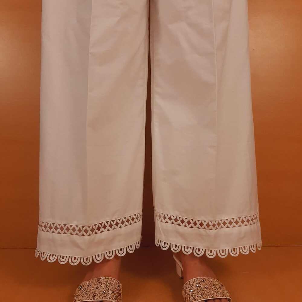 Laces Embellished Cotton Palazzo - White - ZT310